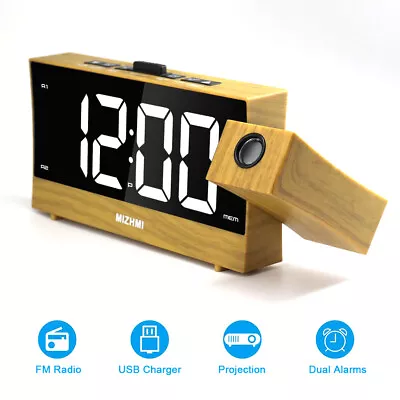 LED Digital USB Charging Projection Alarm Clock FM Radio Dimmable Home Office • £25.15