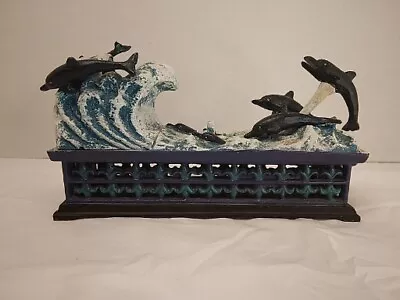 Cast Iron Jumping Dolphin Mechanical Coin Bank Ocean Metal Box • $100