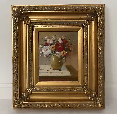 Vintage Oil Painting On Canvas Still Life Vase Flower Signed Frame 16.75”x18.75” • $170