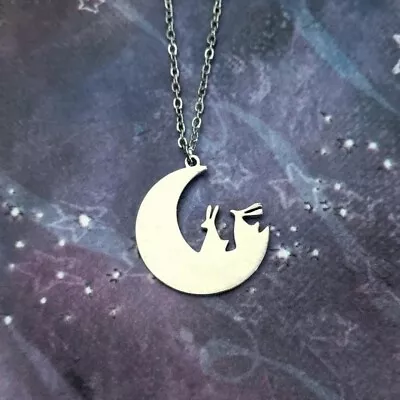 New Necklace Crescent Moon Rabbit Bunny Star Gazing Silver Tone • $6