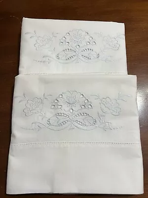 Vintage Embroidered Pillowcases White With Blue Flowered Embroidery Standard • $6