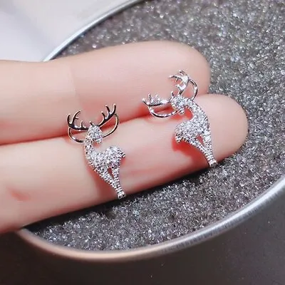 Luxury Silver Zircon Christmas Xmas Elk Earrings Stud Women Party Jewelry Gift • $1.63
