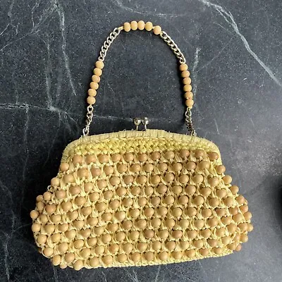 Vintage Walborg 1960’s Wood Bead Raffia Yellow Clutch Purse  • $35