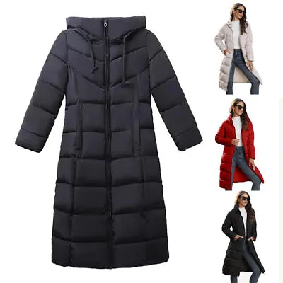 Women's Winter Long Parka Quilted Knee Coat Hooded Ladies Warm Padded Jacket • £21.55