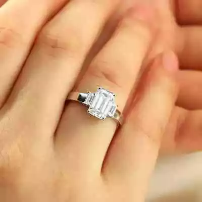 3 Ct Emerald Cut Moissanite Three Stone Engagement Ring 14K White Gold Plated • $123.49