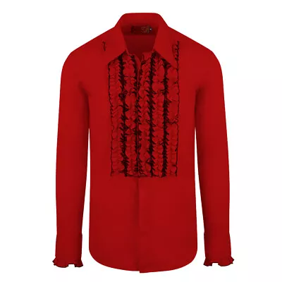 Chenaski Red/Black Ruffle Ruche Frill Dinner Tuxedo Retro 70s Shirt • $57.95