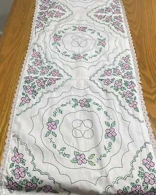 Hand Made Cross Stitch Cotton Lace Lined Table Scarf Runner Pink Green 43x15 In • $11