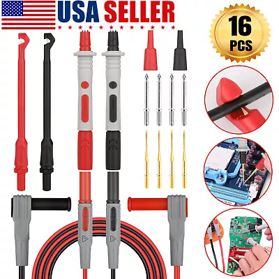 16Pcs Banana Plug Multimeter Test Lead Kit Wire Piercing Clip Puncture Probe Set • $17.48