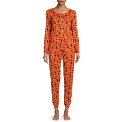 $19.88 • Buy Secret Treasures Women's Halloween Pajama Set, 2-Piece Orange Cat Print