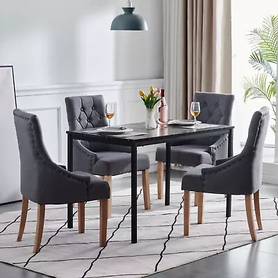 4x Dark Grey Wood Dining Chairs Armchairs&Black Marble MDF Top Dining Table Set • £429.99