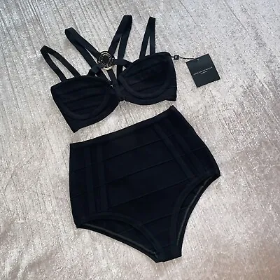 Forever Unique Black Bandage Harness Cage Bra High Waist Bikini Swimsuit Set S 8 • £49