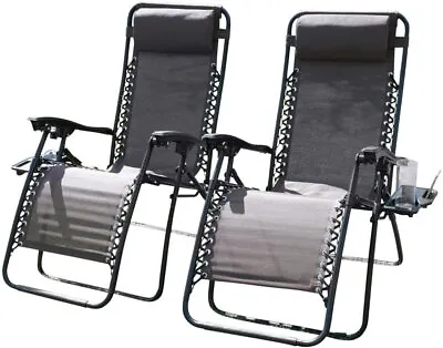 Set Of 2 Sun Lounger Reclining Folding Garden Chairs W/Cup & Phone Holder. • £59.99