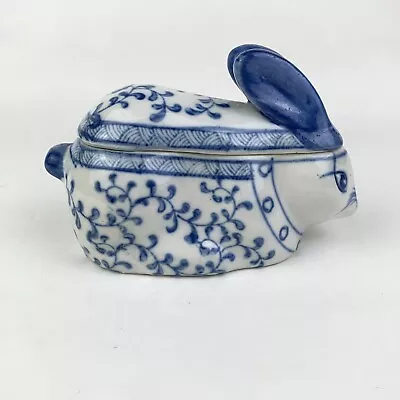 Vintage Ceramic Blue & White Bunny Rabbit Lidded Trinket Box Chinese Delft Style • $15.99