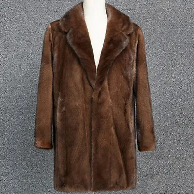 Faux Mink Fur Coats Mens Lapel Winter Brown Mid Length Fur Trim Parka Overcoats • $96.08