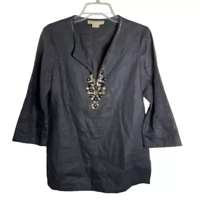  Michael Kors Womens Linen Top Black V Neck Beaded Blouse 3/4 Sleeve Boho Shirt  • $26