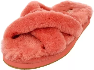 UGG Abela Womens 9 Fluff Flip Flop Slippers Pink Sheepskin Slides Fluffy Sherpa • $49.99