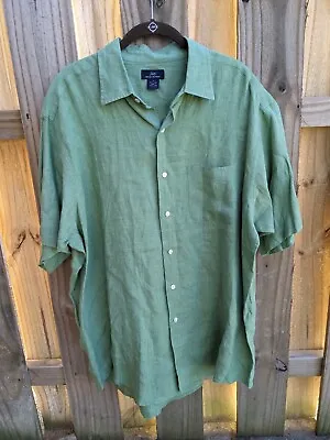 Brooks Brothers 346 Vtg Mens Large Shirt Green Linen Button Front Short Sleeve • $23.44