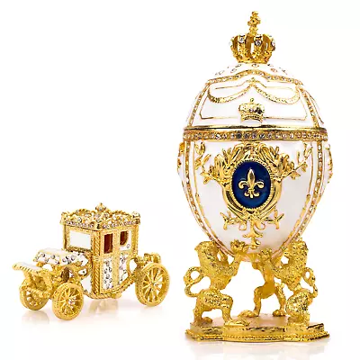 Royal Imperial White Faberge Egg Replica : 6.6 Inch + White Carriage By Vtry • $69.95