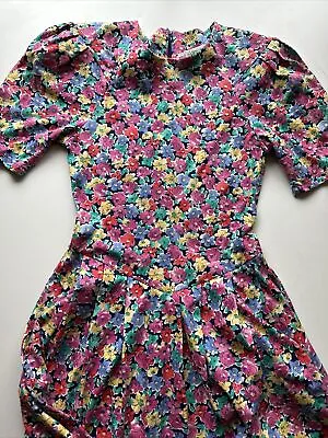 Vintage 80s Dress Floral Puff Sleeve Drop Waist Maxi Dress Small Xs 7 1228 • $19.99