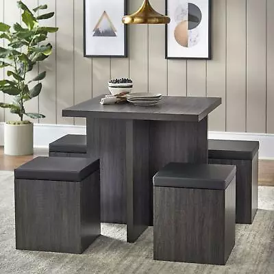 Modern Kitchen 5 Pc Dining Set Table Padded Storage Ottoman Stool Chairs Dark Gr • $190.92