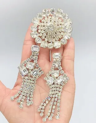 Vtg EISENBERG Ice Clear Glass Rhinestone Flower Brooch Pin & Earrings Set • $123.25