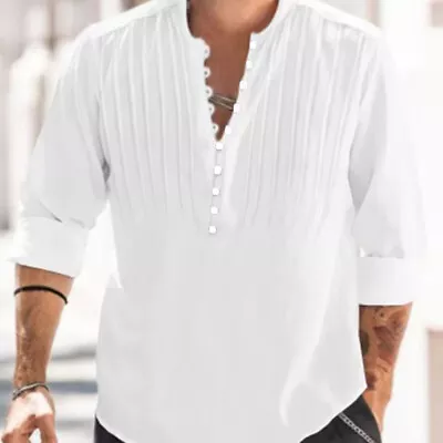 Men's Summer Cotton Linen Blouse Button Round Neck Long Sleeve Beach Solid Shirt • $17.68