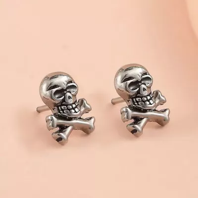 Mens Skull Crossbones Screw Back Stud Earrings Punk Gothic Retro Rock Jewelry • $9.99