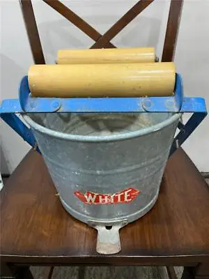 Vintage White Brand #1500 Galvanized Metal Steel Wringer Mop Bucket Pail Oval • $65