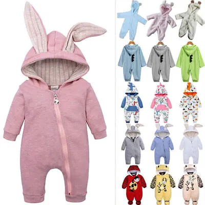 Baby Boy Rabbit Bunny Ears Jumpsuit Hoodies Hooded Romper Funny Clothes Playsuit • £12.82