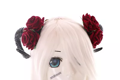 £13.43 • Buy C-39-2 Widder Horns Red Roses Fantasy Devil Headdress Clips Gothic Lolita