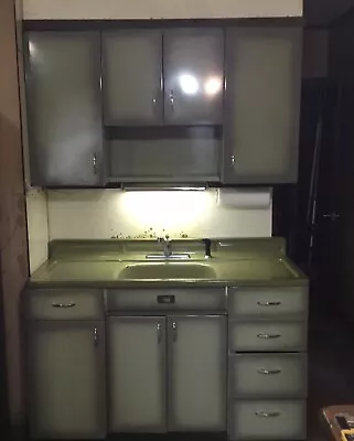 Vintage 1950s Montgomery Ward Steel Kitchen Cabinet Sink & 2 Upper Avocado Green • $995.95