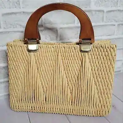 Vintage Italian Woven Straw Bag With Wooden Handles • $118.75