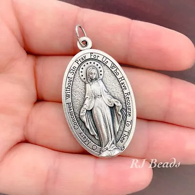 XL Silver Catholic Miraculous Medal Pendant Charm 1.75  Height X 1  Wide Italy • $9.50