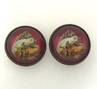 Pair Vintage 3 Horse Head Bridle Rosettes Round Dome Glass Pharoahs Horses Red • $40.80