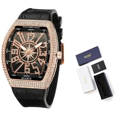 Iced Out  Pintime Watch - Black & Rose Gold - Brand New - UK SELLER • £23.99