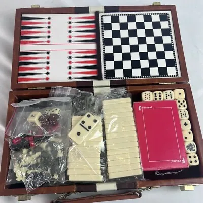 Vintage Travel Game Set Mini Chess Checkers Backgammon Dominoes Magnetic • $24.99