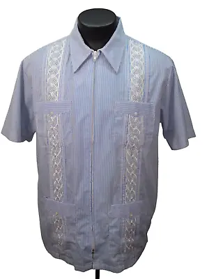 Genuine Haband L Mens Guayabera Zip Shirt Blue Pinstripe Embroidered Pockets New • $17.99