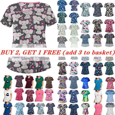 $18.79 • Buy Womens V-Neck Short Sleeve Nursing Housewifery T-Shirt Scrubs Printed Tunic Tops