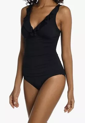 La Blanca Women's Standard Island Goddess Ruffle One Piece Swimsuit Black 8 NWT • $35.99