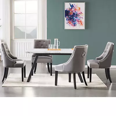 Dark Grey Velvet Dining Chairs Upholstered Seat & Back Wooden Legs Dining Room • £89