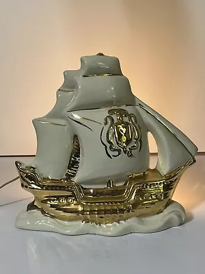 Vintage MCM Ship Galleon Boat TV Lamp Ceramic Creamy White & Gold  Nightlight • $34.95