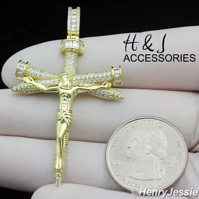 Men 925 Sterling Silver Iced Cz Gold Plated 3d Nail Jesus Cross Pendant*agp402 • $47.99