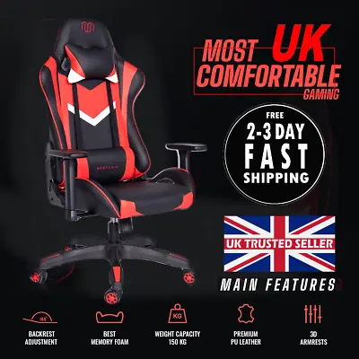 PU Leather Gaming Racing Chair Office Executive Recliner With Neck Pillow NEW • £110