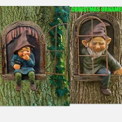 Elf Out The Door /Window Tree Hugger Gnome Statue Tree Decor Naughty Garden TOP • $15