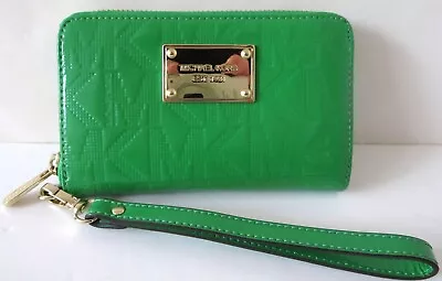 Micharl Kors Kelly Green Logo Embossed Patent Leather Zip Around Wristlet Wallet • $35