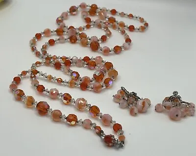 Vintage Signed Vendome Long 59” Faceted Peach Iridescent Crystal Necklace RARE • $79