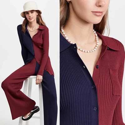 $80 • Buy NWT STAUD Milton Ribbed Long Sleeve Top In Navy/Bordeaux Size Medium