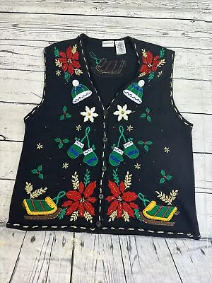 Bobbie Brooks Christmas Vest Large Embellished Poinsettia Holly Vintage Vest • $14.90