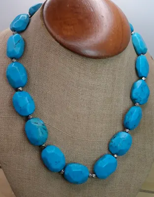 Vintage Artisan Made Faceted Chunky Turquoise / Sterling Silver Bead Necklace 16 • $48.99