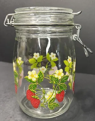 STRAWBERRY Quart Glass Storage Jar Canister Wire Bail Wide Mouth Arc Of France • $14.69